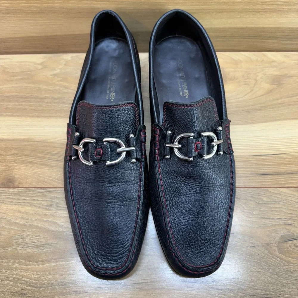 Donald J Pliner Bit Loafers Mens 11 M Black Pebble Leather Moc Toe Red Stitching